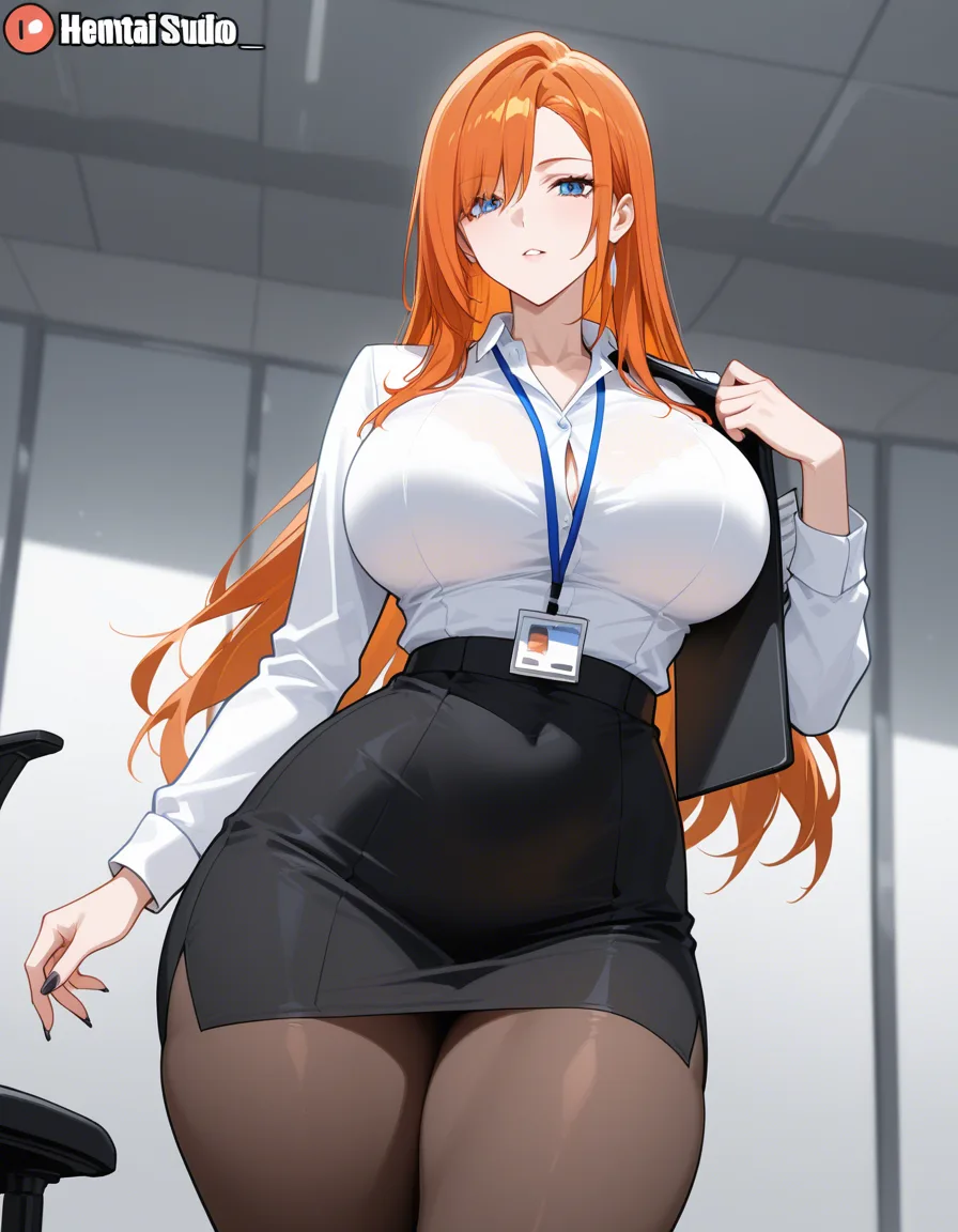 office_lady large_breasts thick_thighs narrow_waist orange_hair, hentai_studio_quality