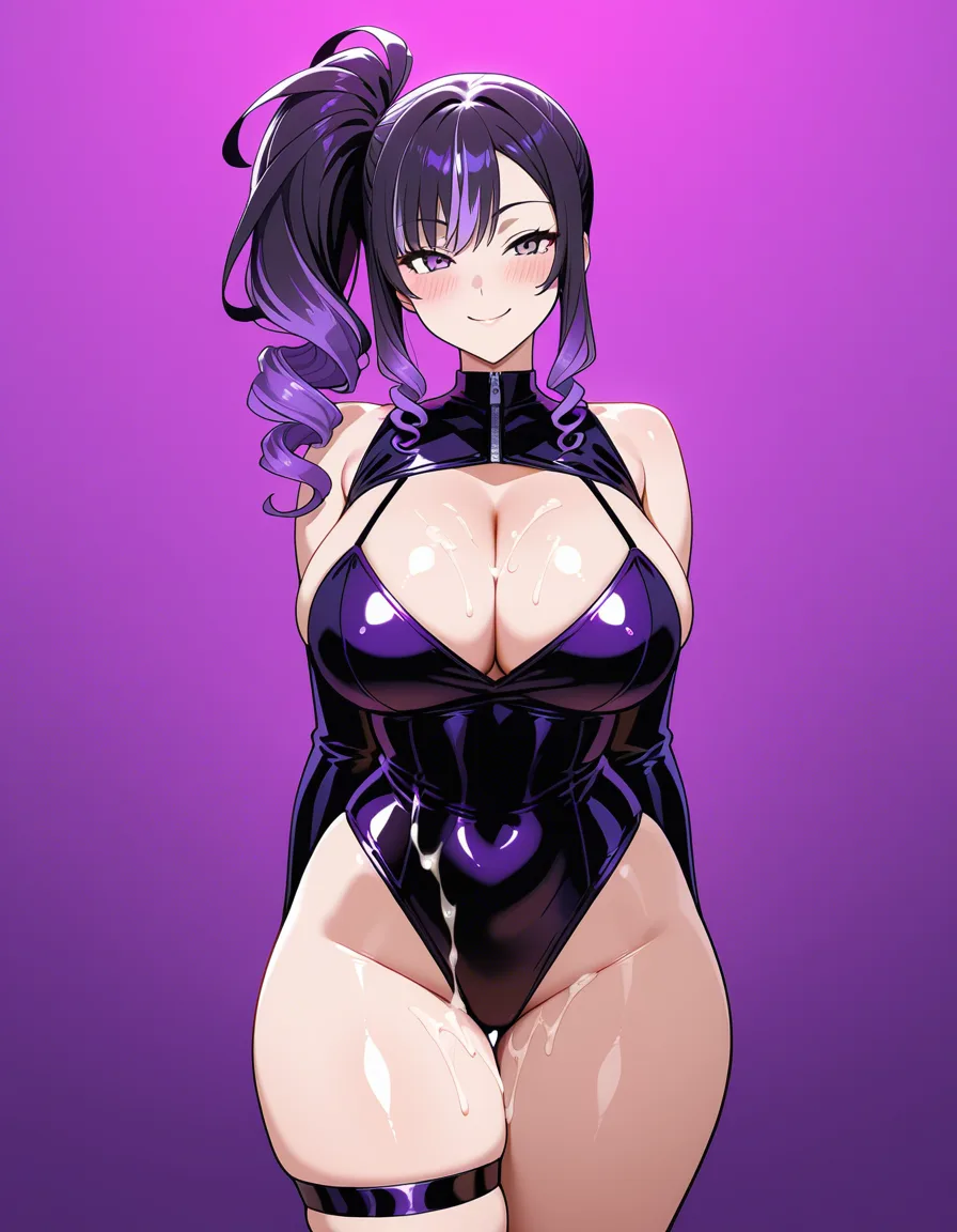 Beautiful, latina, side ponytail, shiny skin, curly hair, black and purple ombre hair, thigh straps, cum on tits, aroused smile, blush, curvy body, thick line manga aesthetic, detailed shading, contrasting colors, purple light,, hentai_studio_quality
