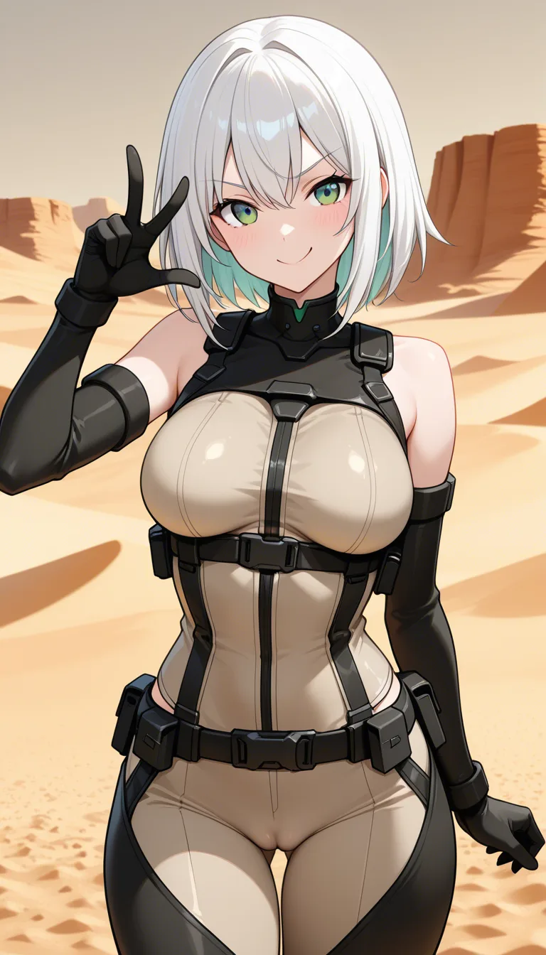 masterpiece, fine detail, Anime Female With  Short bob cut White hair, medium Breasts, Green Eyes, Cheeky Face, Taunting, hourglass figure, Sand colour detailed closed  combat gear outfit, no military set, no helmet, Pants, cameltoe, Desert village surroundings background, eroge aesthetics, hentai_studio_quality