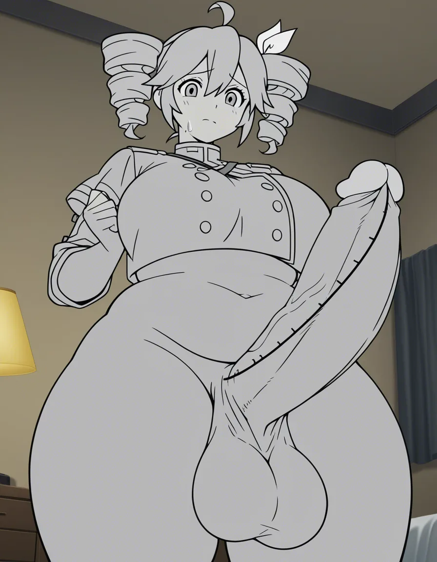 kasane_teto, Bedroom, huge_penis, , very_gigantic_penis_balls,very_large_penis, very long penis,thighs, wide, thick_thighs, futanari, plump, worried, measuring_penis solo, (anime style:1.3), 2d, anime screencap, cel shading, flat color