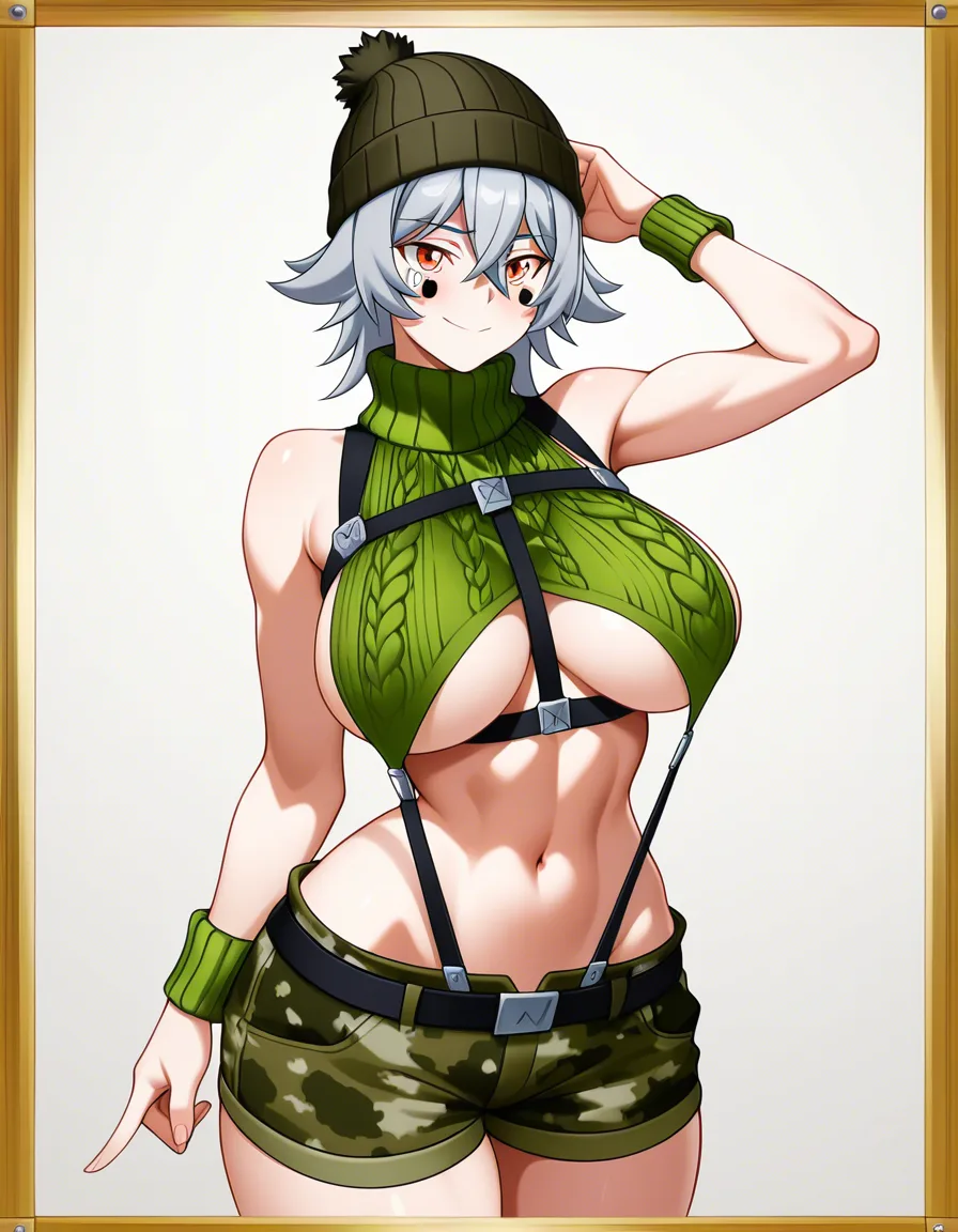 Anime-style digital illustration of a young adult woman standing facing the viewer, three-quarter view with a slight turn. Clean white background, no other elements.
Face and hair:
• Fair skin, light blush on cheeks.
• Soft closed-mouth smile, amber-orange eyes looking at the viewer.
• Short, messy silver-gray hair with darker gray/black undertones and bangs framing the face.
Headwear:
Olive-green camouflage beanie (soft, slightly slouchy knit-style cap) with irregular white/light patches. Attached to the beanie is a long, fabric “rabbit ear” style extension that hangs down the right side of her body, past her hip. The extension is mostly off-white/cream with an olive-green camo border or backing and small metallic or fabric clips along its length.
Torso and clothing:
• White high-neck/collar remnant around the neck.
• White crop-top/tank that is heavily torn down the center. She uses both hands to hold the ripped fabric against her chest, covering the nipples while leaving large amounts of cleavage and side-boob visible. The fabric has jagged, frayed edges.
• Slim, toned midriff with a small rectangular stamp/tattoo on the lower abdomen that reads “KON” in block letters inside a box.
• Thin white/gray harness or strap running over her shoulders.
Arms:
• Both hands cupping/holding the torn top against her breasts.
• Olive-green wrist cuffs/bands with silver metallic edges on both wrists.
Lower body:
• Olive-green camouflage cargo shorts with multiple pouches and flaps.
• Black belt with a large silver rectangular buckle.
• Visible pockets on the hips and thighs.
Accessories:
• A small gold-colored rectangular tag or lock hanging from the left side of her top/harness, with a slender silver blade or tool pointing downward.
Overall style: Clean anime/cel-shaded look with soft lighting, slight sheen on skin, and detailed fabric folds and tears. Proportions are stylized with a narrow waist, wide hips, and large breasts. The pose is relaxed and slightly teasing while remaining standing and facing forward., hentai_studio_quality