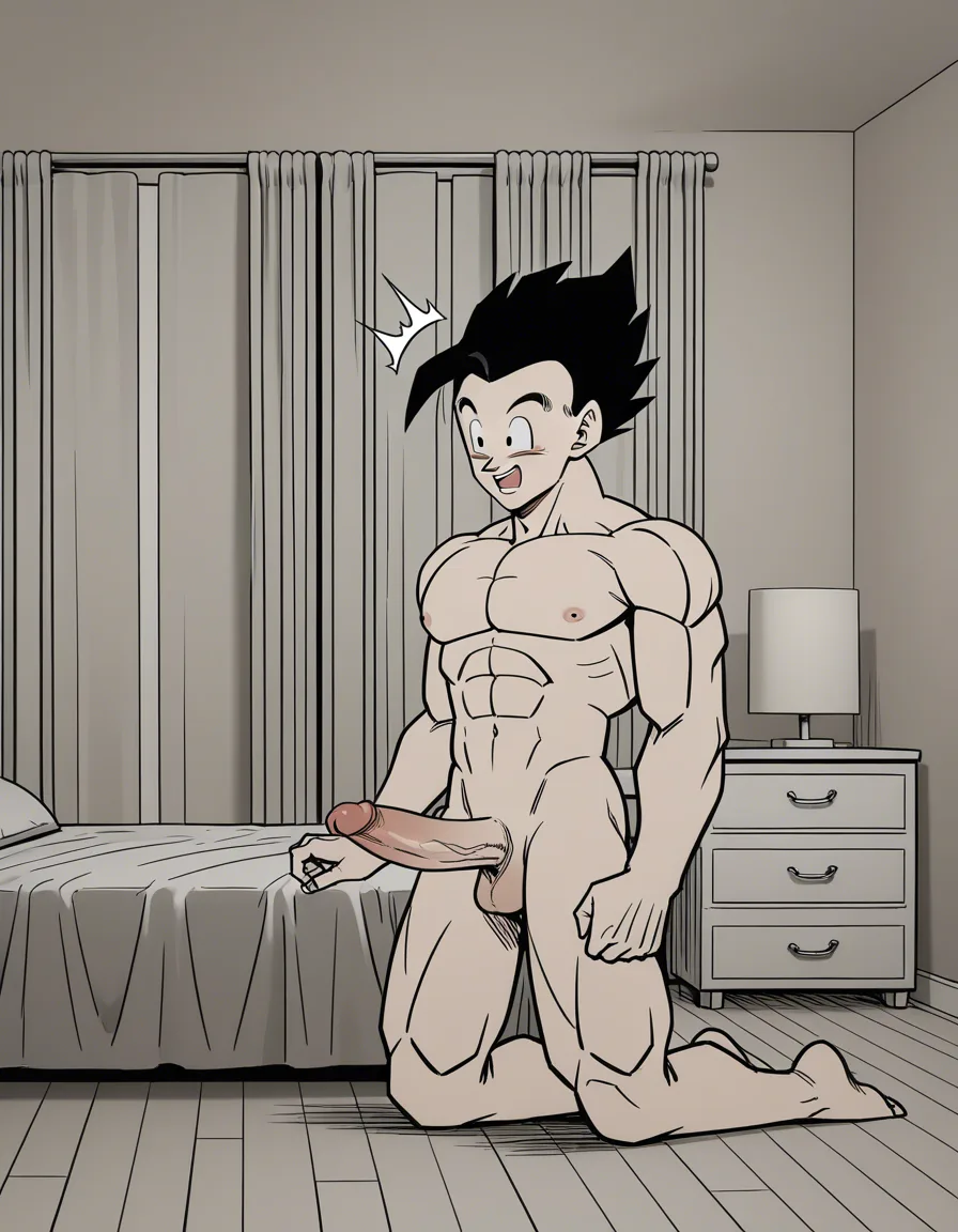 Son Gohan; standing, evil_smile, large_penis @Erasa (Dragon ball); nude, kneeling, surprised, bedroom, hentai_studio_quality