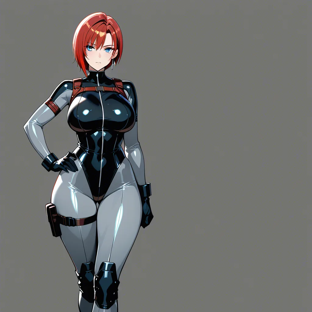 Anime dino crisis Regina red hair light skin big breasts wide hips blue eyes gray body suit black Leotard
