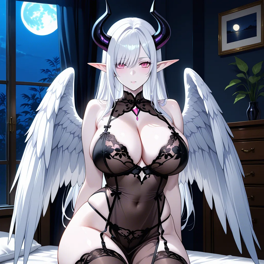 Anime Slaanesh big breasts wide hips pink eyes pale skin long white hair pointy elf ears curved black horns white feathered wings pink and black lingerie breasts wrapped around a penis in a room at night full moon