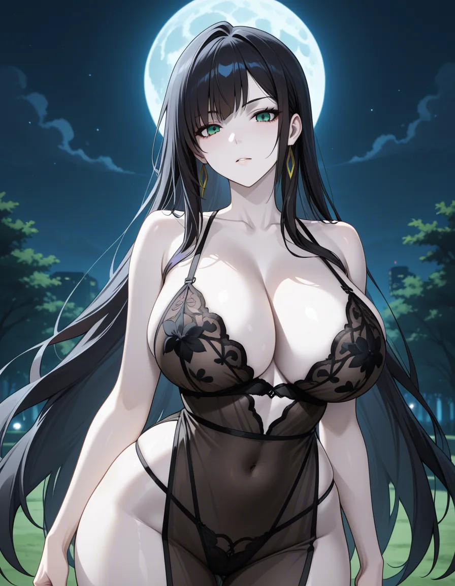 Anime serleena big breasts wide hips green eyes pale skin dark hair black lingerie deep throat in a park at night low lighting full moon, hentai_studio_quality, hentai_studio_quality