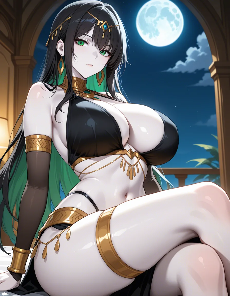 Anime serleena big breasts wide hips green eyes pale skin dark hair black and silver Glittery belly dancer outfit in a room at night low lighting full moon, hentai_studio_quality