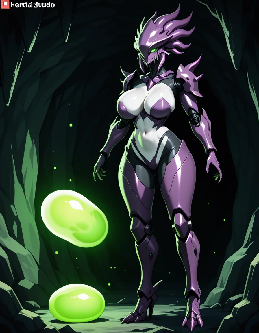 Anime female tyranid big breasts wide hips green eyes pale skin purple scales purple organic exoskeleton in a cave full of green glowing eggs low lighting, hentai_studio_quality, hentai_studio_quality, hentai_studio_quality
