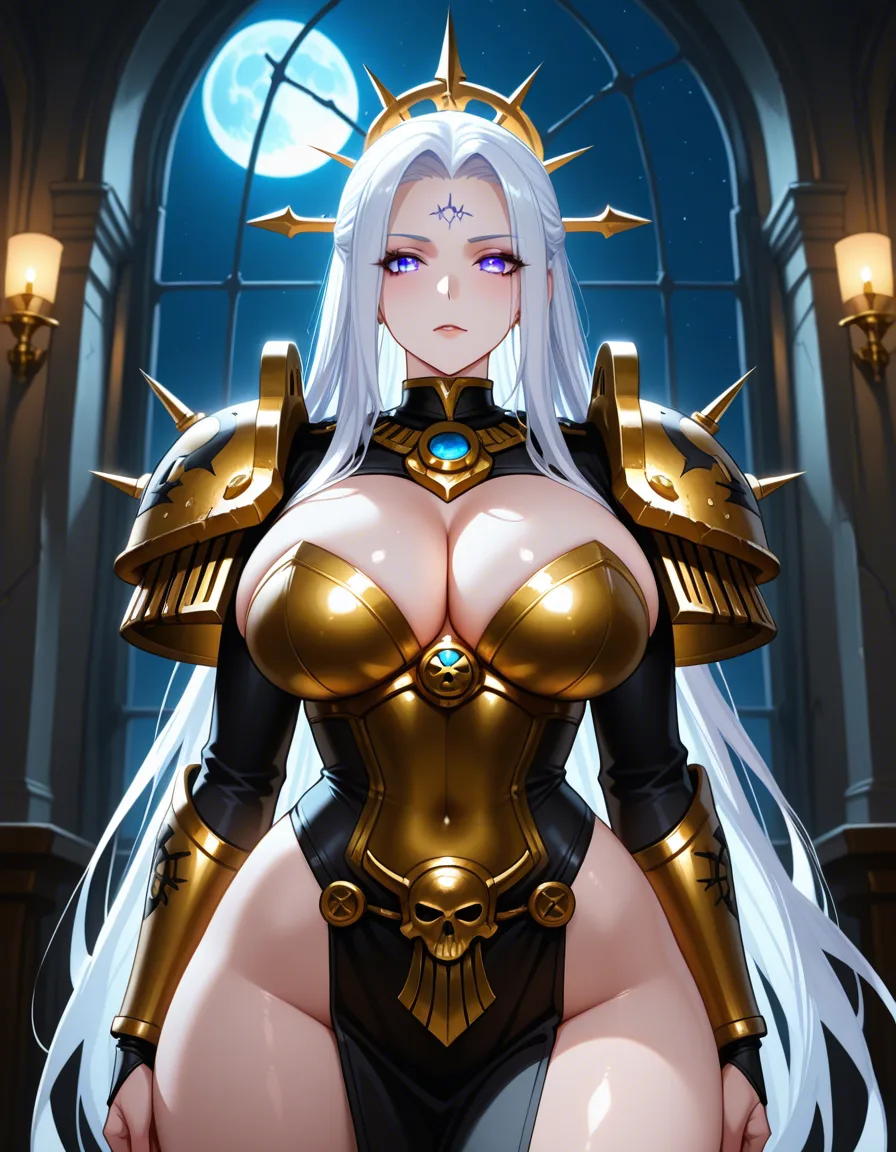 Anime warhammer 40k female fulgrim big breasts wide hips violet eyes light skin long white hair pink and gold Feminine armor breast plate Cleavage in a room at night low lighting full moon, hentai_studio_quality