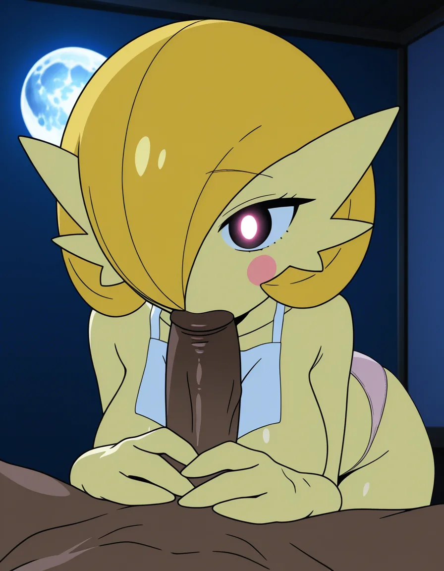 Anime gardevoir as toy chica big breasts wide hips dark eyes glowing white Pupils yellow skin yellow hair Pink round cheeks white party bib pink panties in a room at night low lighting full moon sucking a penis sucking a cock blow job fellatio dick inside mouth, hentai_studio_quality, score_9, score_8, 3d render, octane render, subsurface scattering, ray tracing, smooth shading, (anime style:1.3), 2d, anime screencap, cel shading, flat color, @00osamio00, (anime style:1.3), 2d, anime screencap, cel shading, flat color
