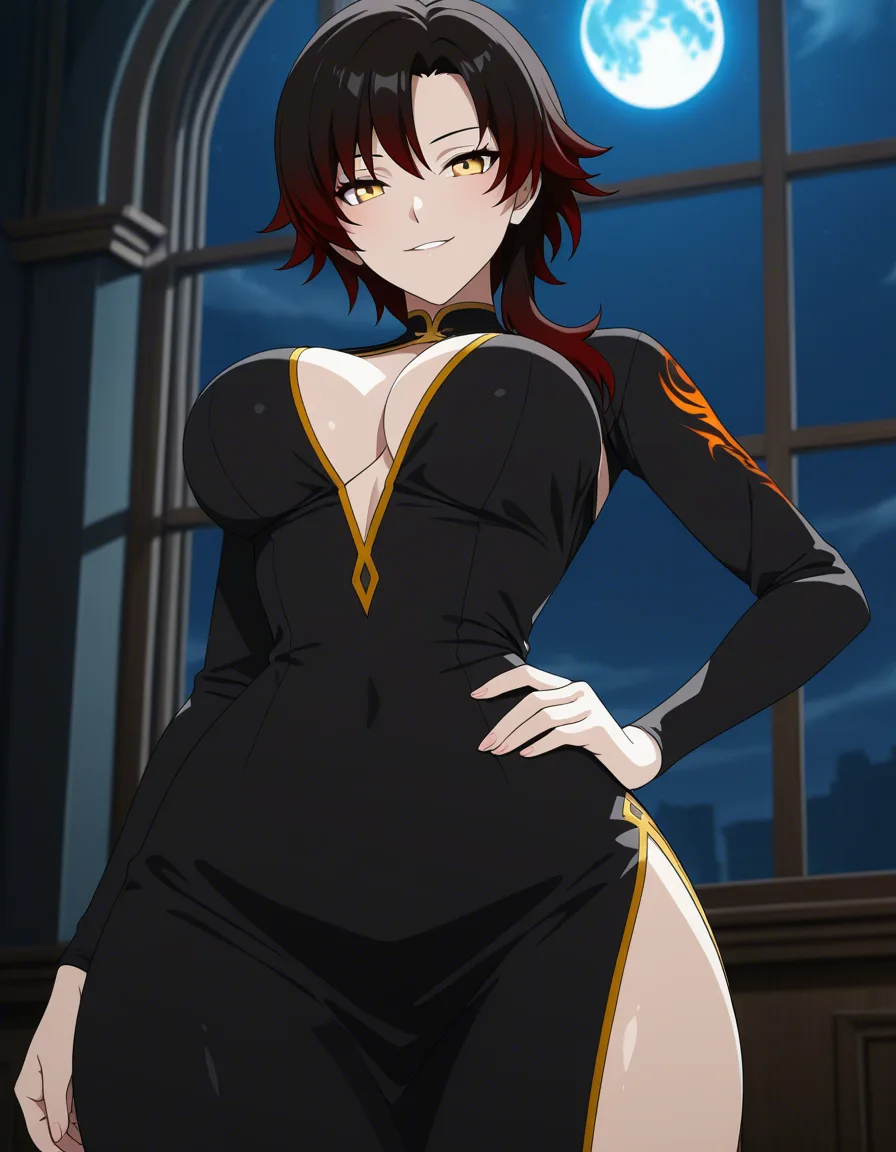Anime rwby cinder fall big breasts wide hips yellow eyes light skin dark hair Glittery black dress boob window Cleavage in a room at night low lighting full moon sexy pose hand on hip Seductive smile, hentai_studio_quality, score_9, score_8, 3d render, octane render, subsurface scattering, ray tracing, smooth shading, (anime style:1.3), 2d, anime screencap, cel shading, flat color