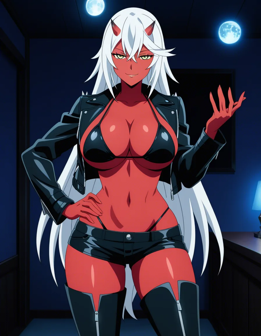 Anime oni girl big breasts wide hips yellow eyes red skin white hair small horns black bikini top opened black leather jacket black shorty shorts G. string showing thong black thigh high boots in a room at night low lighting full moon sexy pose hand on hip Seductive smile, hentai_studio_quality, (anime style:1.3), 2d, anime screencap, cel shading, flat color