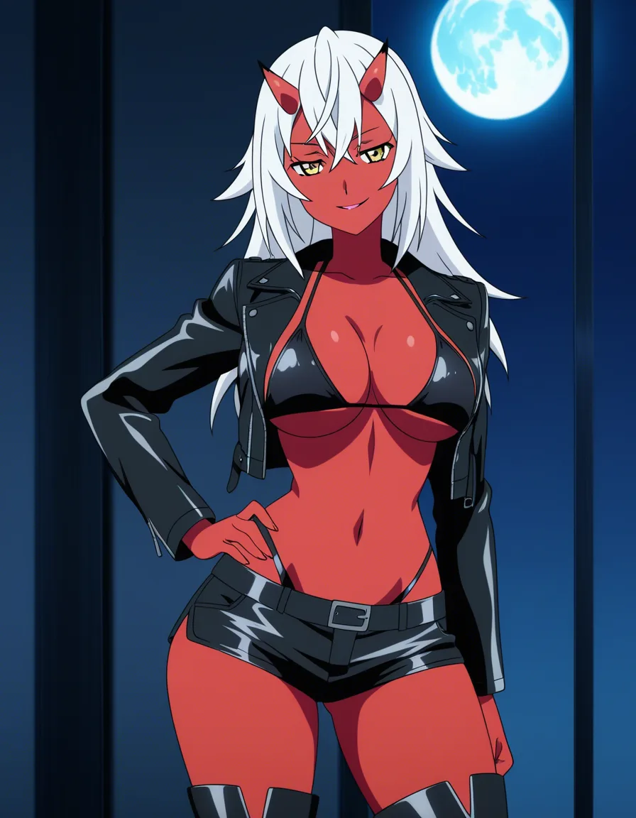 Anime oni girl big breasts wide hips yellow eyes red skin white hair small horns black bikini top opened black leather jacket black shorty shorts G. string showing thong black thigh high boots in a room at night low lighting full moon sexy pose hand on hip Seductive smile, hentai_studio_quality, (anime style:1.3), 2d, anime screencap, cel shading, flat color, (anime style:1.3), 2d, anime screencap, cel shading, flat color, @00osamio00