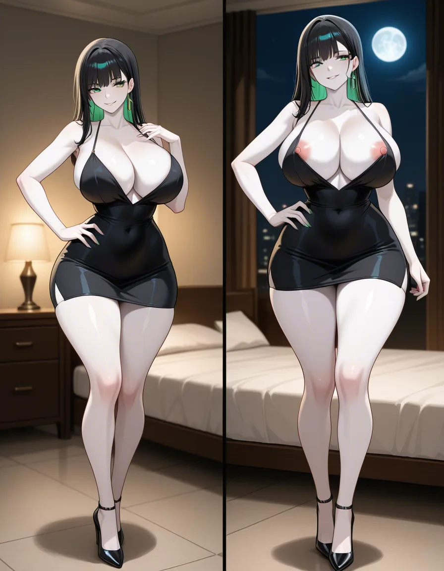 Anime serleena big breasts wide hips green eyes pale skin dark hair Glittery black dress Deep cleavage Short skirts black heels in a bed room at night low lighting full moon sexy pose hand on hip Seductive smile nipple slip, hentai_studio_quality