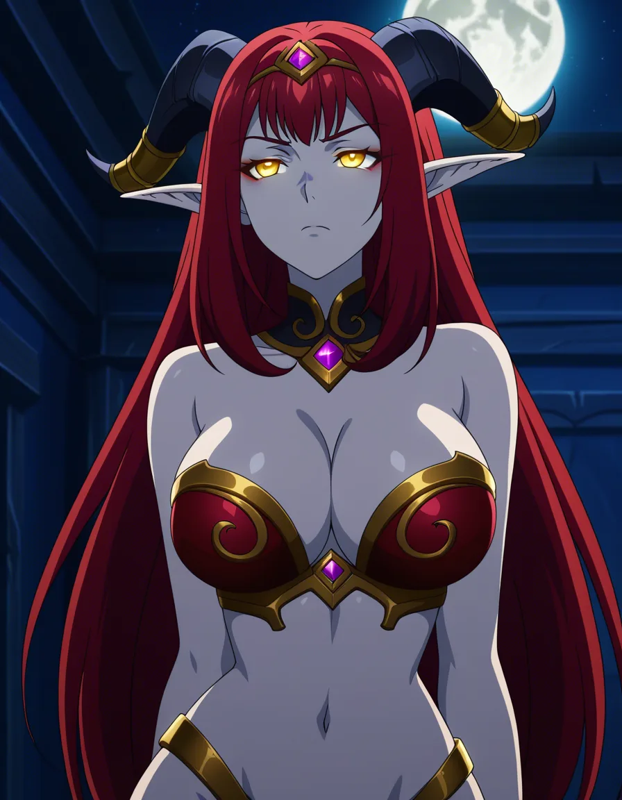 Anime world of warcraft alexstrasza big breasts wide hips yellow eyes light skin red hair curved black horns pointy elf ears red and gold bikini armor in a room at night low lighting full moon eyes closed deep throat All the way to the base, hentai_studio_quality, (anime style:1.3), 2d, anime screencap, cel shading, flat color