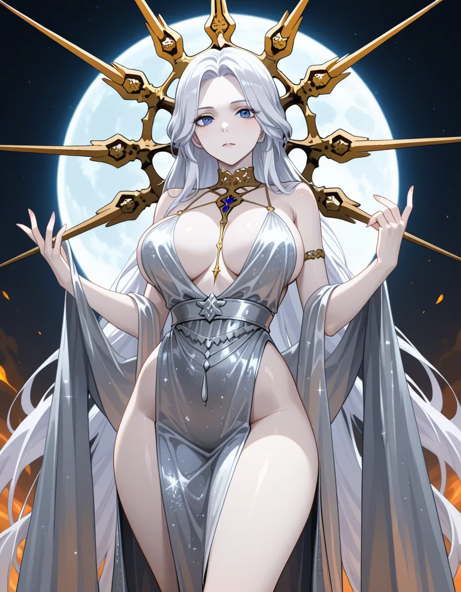 Anime dark souls female gwyndolin big breasts wide hips blue eyes pale skin white hair white and silver dress in a Temple at night low lighting full moon paizuri pov Blushing a little, hentai_studio_quality