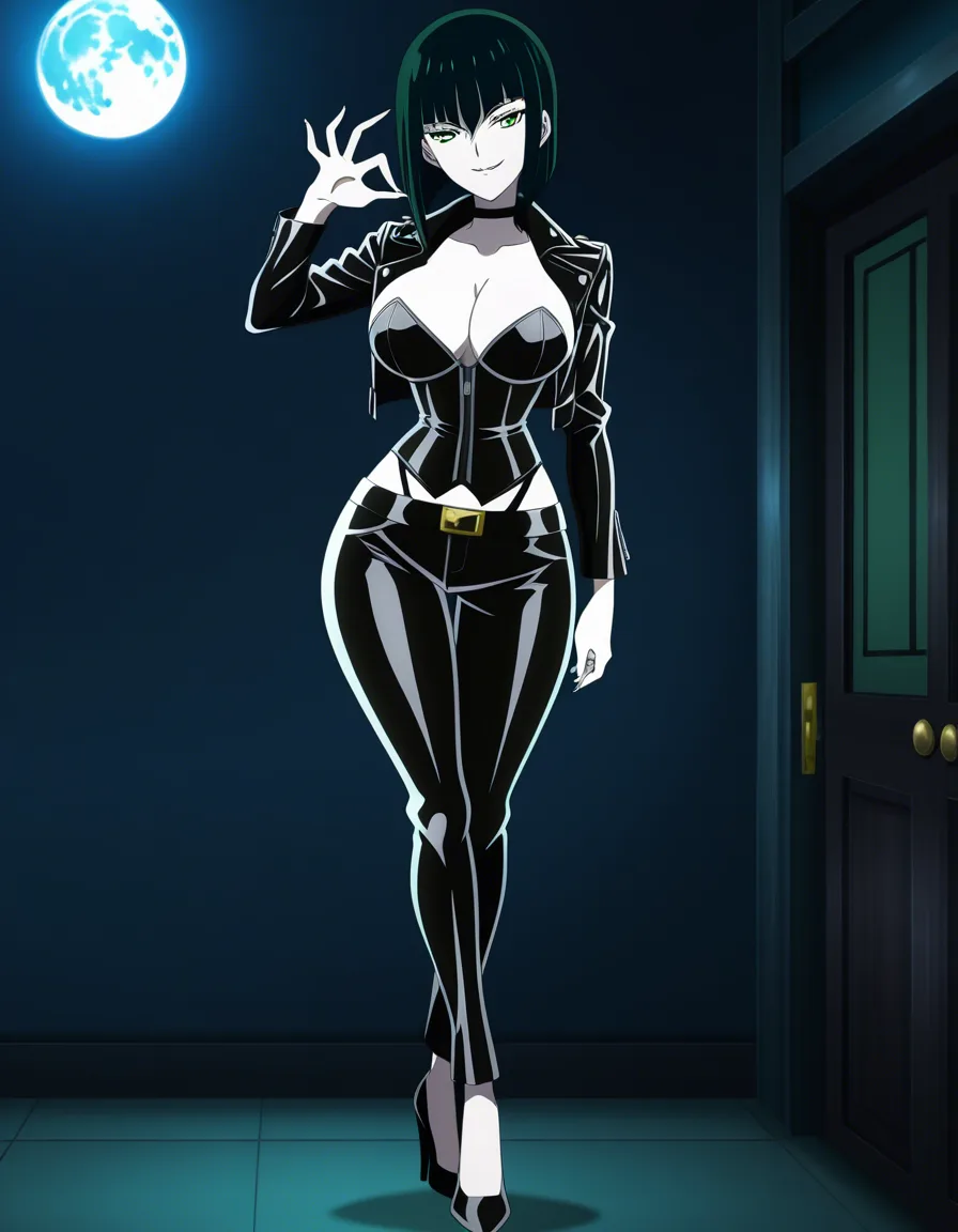 Anime serleena big breasts wide hips green eyes pale skin dark hair black leather jacket black corset black leather pants black heels in a room at night low lighting full moon with long green striped tentacle fingers sexy pose Seductive smile, hentai_studio_quality, (anime style:1.3), 2d, anime screencap, cel shading, flat color, (anime style:1.3), 2d, anime screencap, cel shading, flat color, @00osamio00
