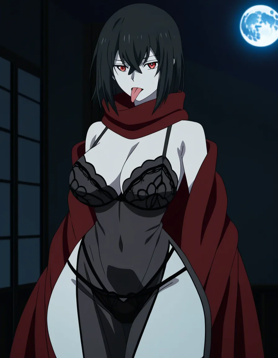 Anime serleena female kylothian big breasts wide hips red eyes pale skin dark hair black lingerie See through red shawl in a room at night low lighting full moon with a long red striped alien tentacle tongue coming out of her mouth, hentai_studio_quality, (anime style:1.3), 2d, anime screencap, cel shading, flat color, (anime style:1.3), 2d, anime screencap, cel shading, flat color, @00osamio00, score_9, score_8, 3d render, octane render, subsurface scattering, ray tracing, smooth shading, (anime style:1.3), 2d, anime screencap, cel shading, flat color