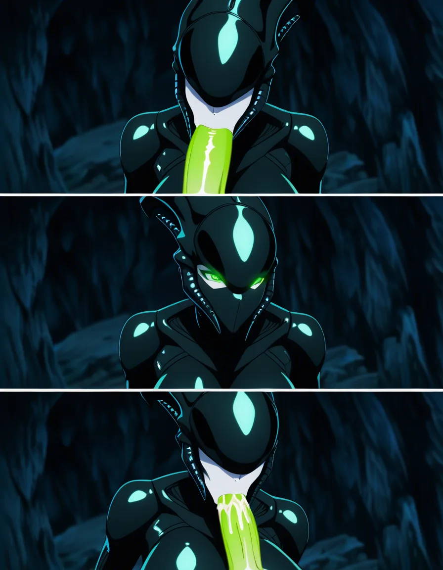 Anime female xenomorph alien queen humanoid big breasts wide hips pretty female human face green eyes pale skin black shiny exoskeleton long tail in a cave full of green glowing eggs low lighting deep throat oral sucking a penis sucking a dick sucking a cock cum swallowing, hentai_studio_quality, (anime style:1.3), 2d, anime screencap, cel shading, flat color, score_9, score_8, 3d render, octane render, subsurface scattering, ray tracing, smooth shading