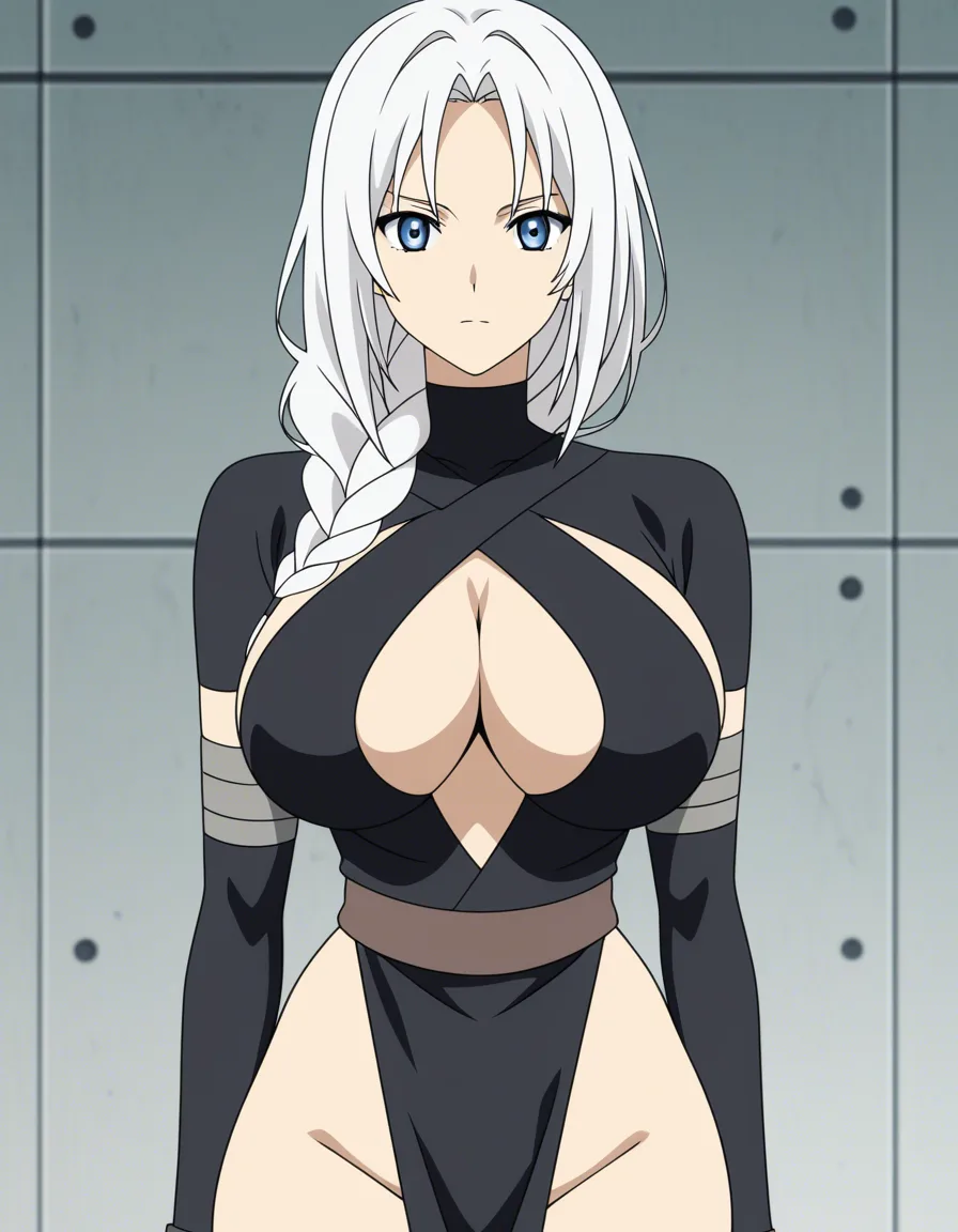 Anime female ronin big breasts wide hips blue eyes light skin white hair long Braided ponytail Revealing female ninja outfit deep Cleavage Sandals in a room sun set low lighting soft smile Blushing a little, hentai_studio_quality, (anime style:1.3), 2d, anime screencap, cel shading, flat color