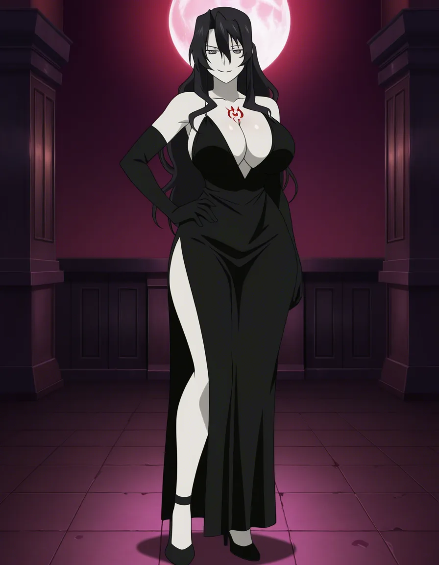 Anime fullmetal alchemist lust big breasts wide hips purple eyes pale skin dark hair black dress black heels long black gloves red Ouroboros symbol Tattoo over her Cleavage deep Cleavage in a room at night low lighting full moon sexy pose hand on hip Seductive smile, hentai_studio_quality, (anime style:1.3), 2d, anime screencap, cel shading, flat color