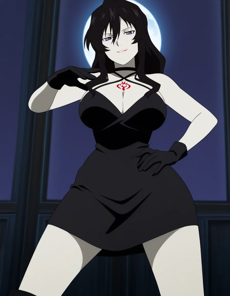 Anime fullmetal alchemist lust big breasts wide hips purple eyes pale skin dark hair black dress black heels long black gloves red Ouroboros symbol Tattoo over her Cleavage deep Cleavage in a room at night low lighting full moon sexy pose hand on hip Seductive smile, hentai_studio_quality, (anime style:1.3), 2d, anime screencap, cel shading, flat color, score_9, score_8, 3d render, octane render, subsurface scattering, ray tracing, smooth shading, (anime style:1.3), 2d, anime screencap, cel shading, flat color, @00osamio00