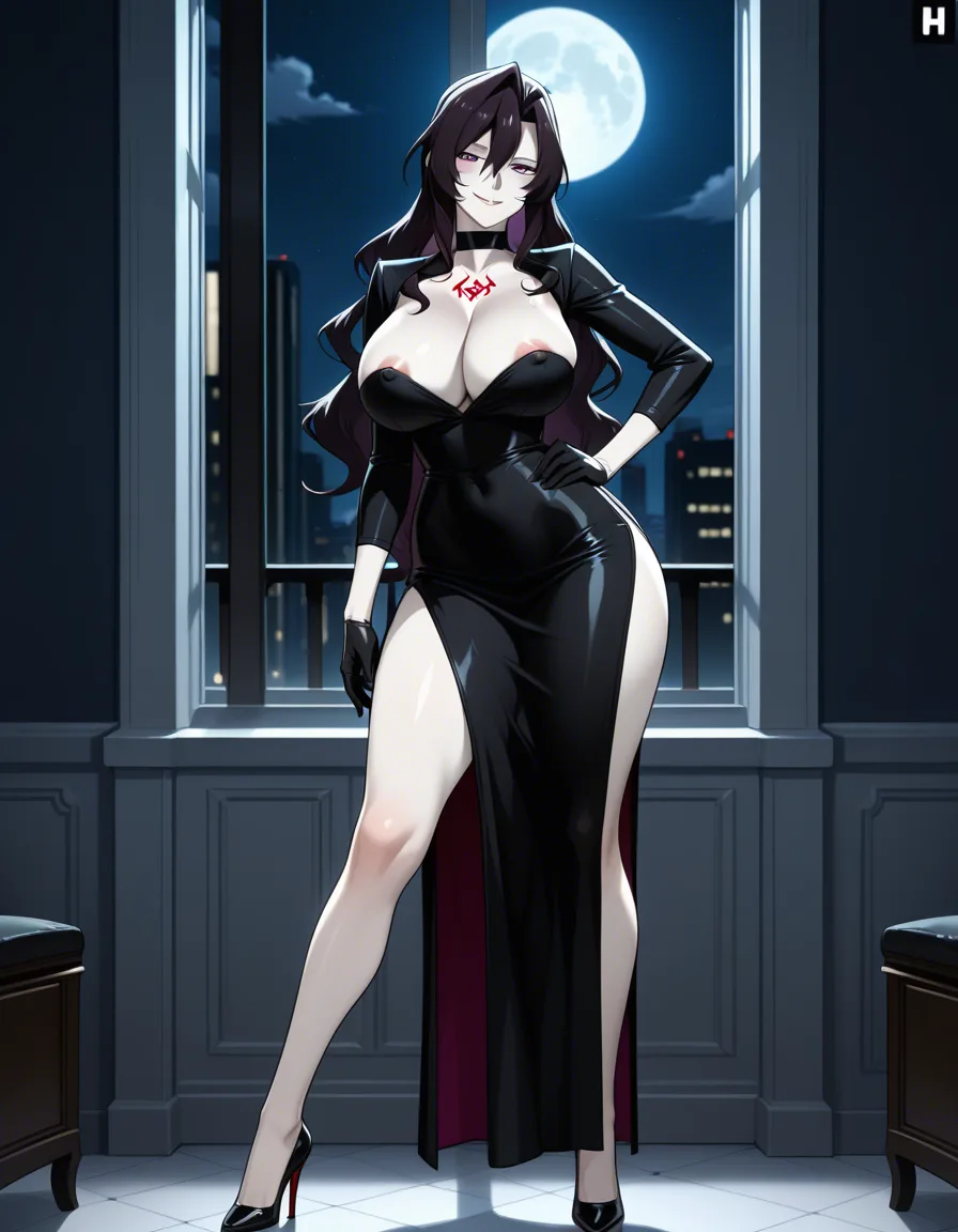 Anime fullmetal alchemist lust big breasts wide hips purple eyes pale skin dark hair black dress black heels long black gloves red Ouroboros symbol Tattoo over her Cleavage deep Cleavage in a room at night low lighting full moon sexy pose hand on hip Seductive smile nipple slip, hentai_studio_quality