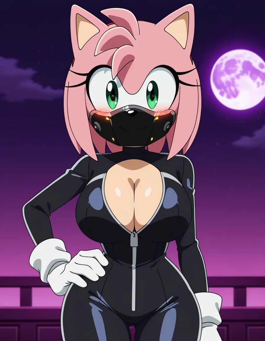 Anime sonic art style amy rose big breasts wide hips green eyes light skin Muzzle light skin Cleavage pink hair pink fur green eye shadow in rouge the bats outfit black body suit long white gloves long white gloves pink heart cheat piece in a room at night low lighting full moon soft smile hand on hip blushing a little, hentai_studio_quality, (anime style:1.3), 2d, anime screencap, cel shading, flat color