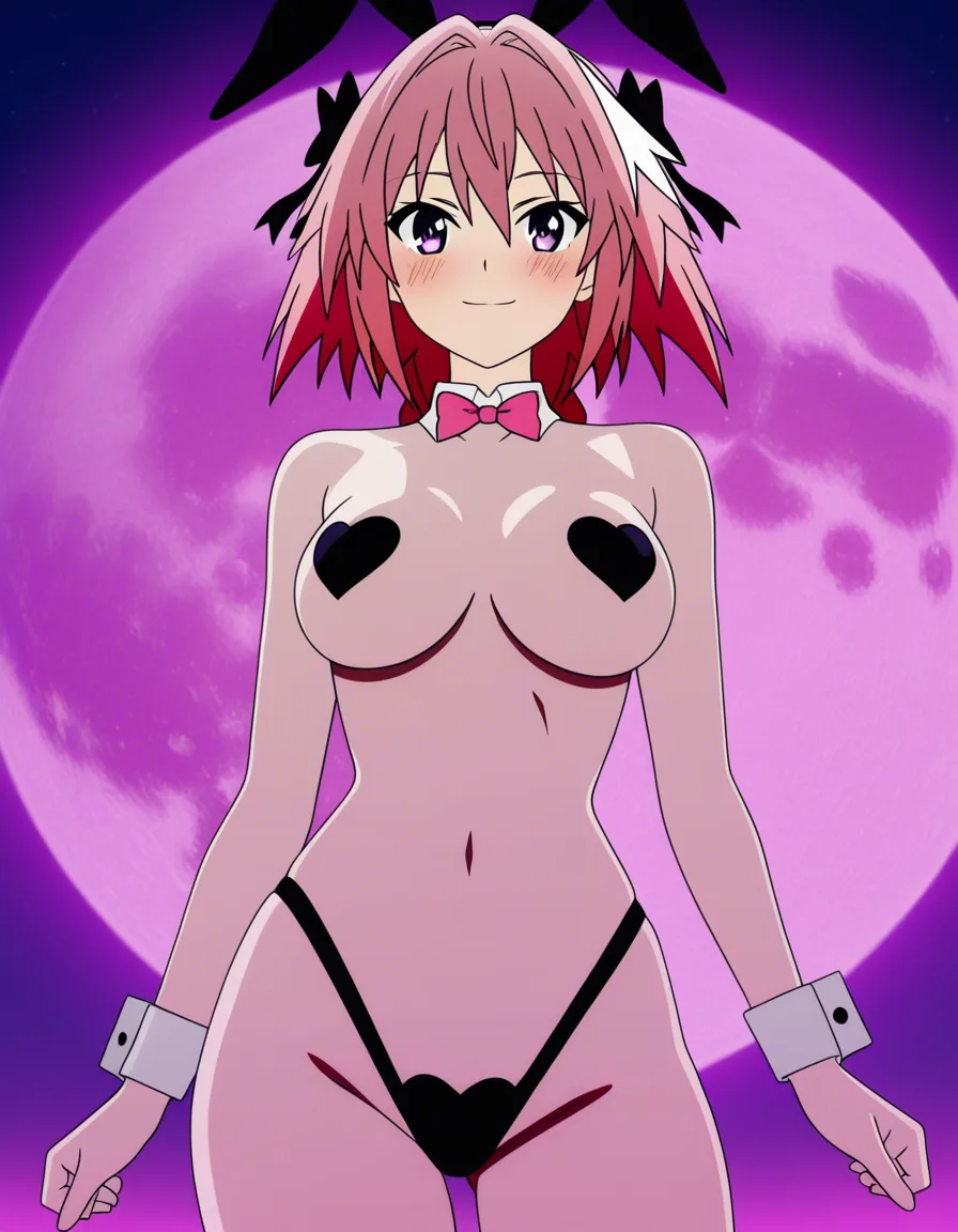 Anime female astolfo big breasts wide hips violet eyes light skin pink hair in a pink and black reverse bunny suit pink and black bunny ears pink heart shaped Pasties pink Bowtie in a room at night low lighting full moon soft smile blushing a little, hentai_studio_quality, (anime style:1.3), 2d, anime screencap, cel shading, flat color, score_9, score_8, 3d render, octane render, subsurface scattering, ray tracing, smooth shading, (anime style:1.3), 2d, anime screencap, cel shading, flat color, @00osamio00