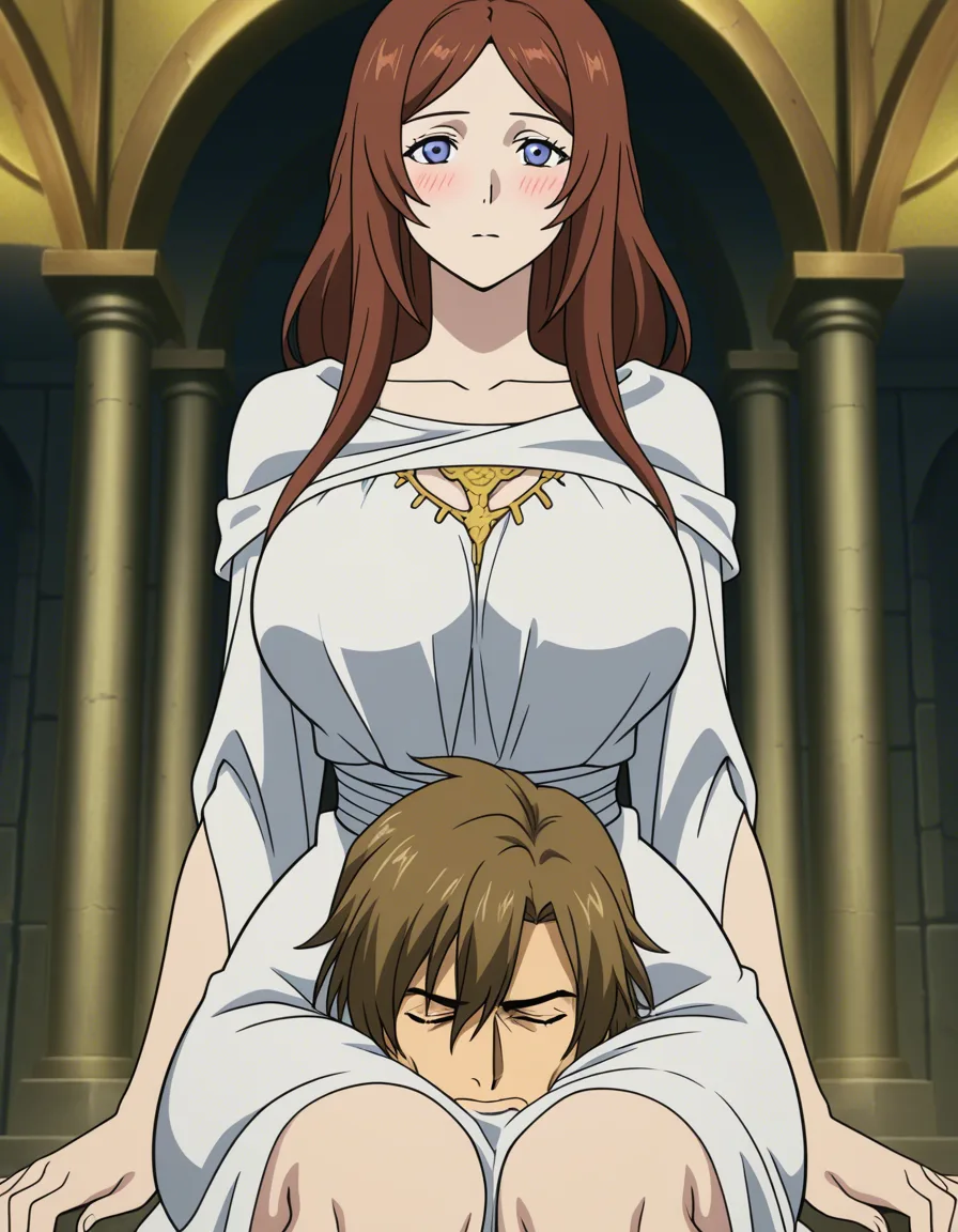 Anime dark souls gwynevere big breasts wide hips blue eyes light skin brown hair white dress in a temple sun set low lighting giving a implied fellatio eyes closed blushing a little on her knees in front of a man her face Buried in lap, hentai_studio_quality, (anime style:1.3), 2d, anime screencap, cel shading, flat color
