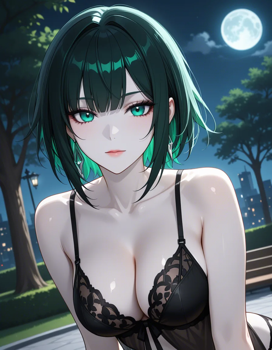 lego men in black serleena green eyes pale skin dark hair black lingerie in a park at night low lighting full moon, hentai_studio_quality