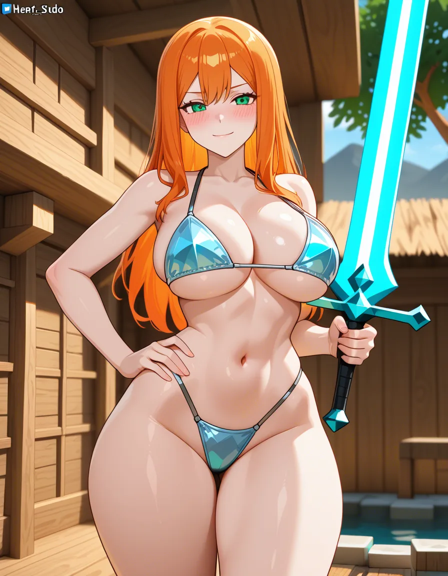 Anime minecraft Alex big breasts wide hips green eyes light skin ginger orange hair light blue Diamond bikini armor in a wooden house sun set low lighting soft smile blushing a little sexy pose hand on hip holding a Light blue diamond Sword, hentai_studio_quality