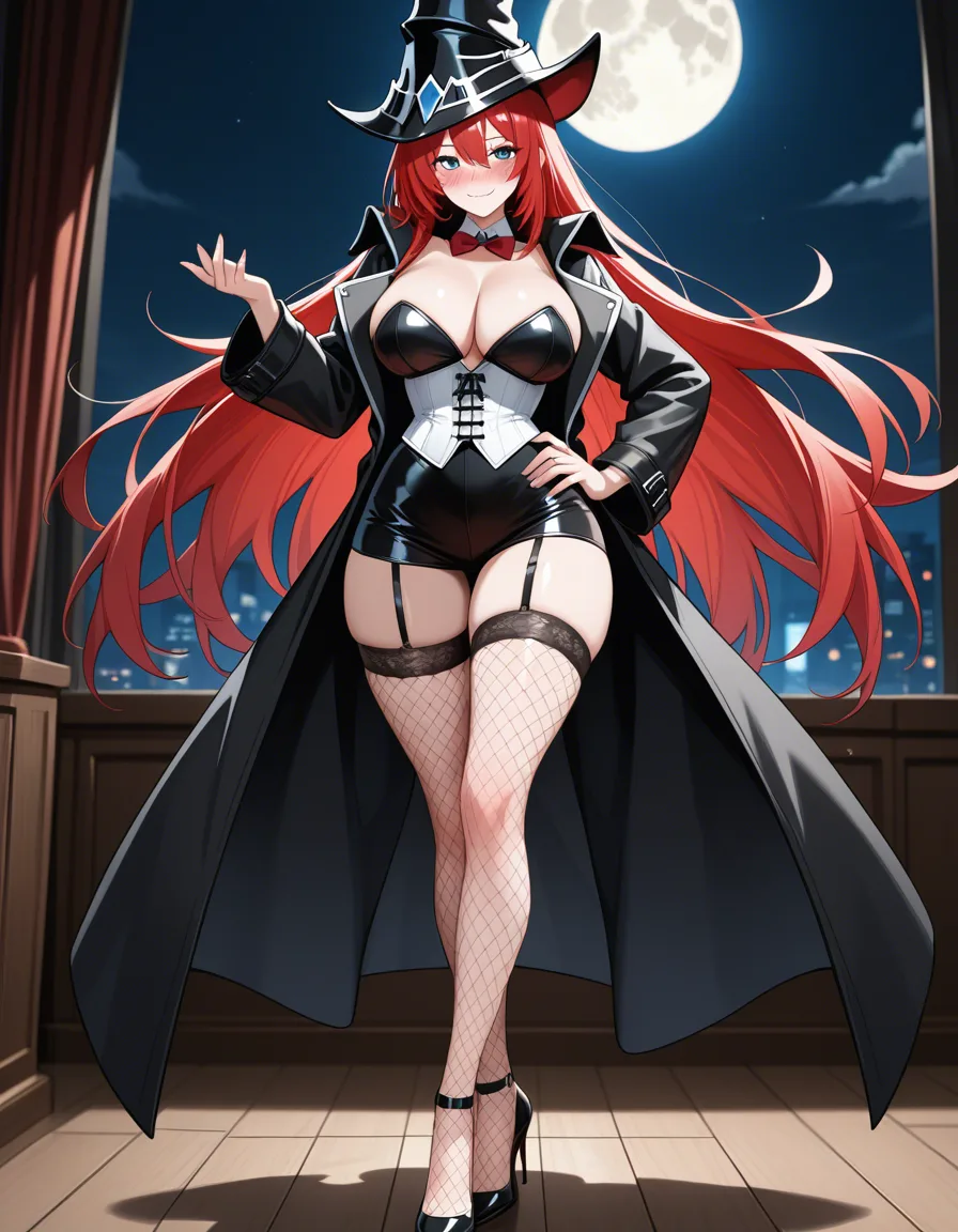 Anime female Magician big breasts wide hips blue eyes light skin red hair black top hat black Open tailed coat white corset red bowtie black leonard black heels Fishnet stockings in a room at night low lighting full moon soft smile blushing a little sexy pose hand on hip, hentai_studio_quality