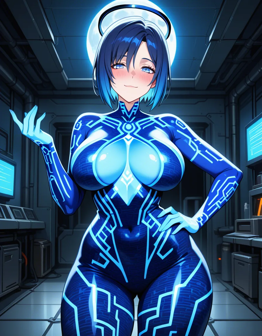Anime halo cortana big breasts wide hips blue eyes light blue skin dark blue hair dark blue Line patterns on body glowing body in a sci fi room at night low lighting full moon soft smile blushing a little sexy pose hand on hip, hentai_studio_quality