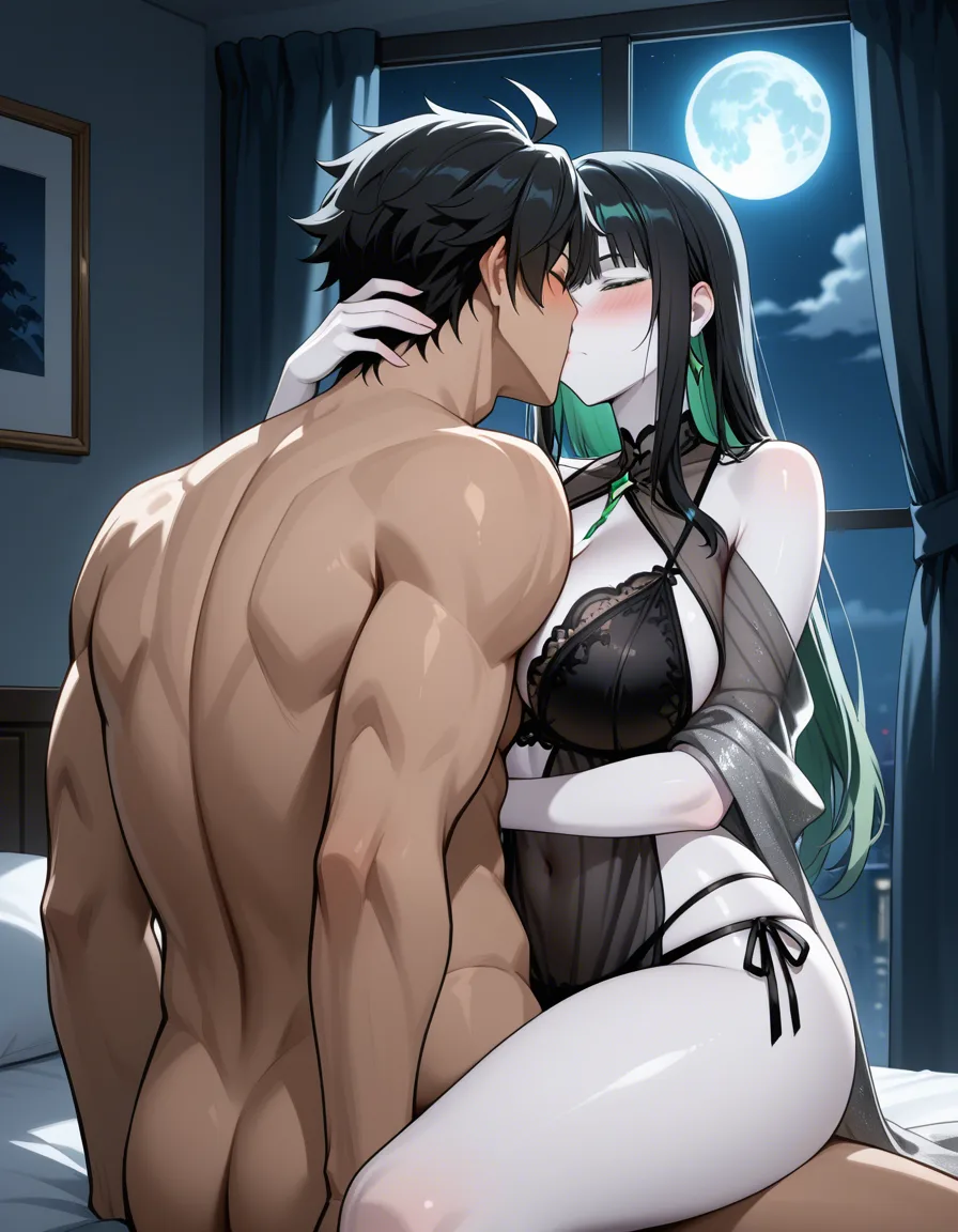 Anime serleena big breasts wide hips green eyes pale skin dark hair black lingerie See through gray shawl in a room at night low lighting full moon sitting in a male humans lap Straddling him kissing hugging eyes closed blushing a little, hentai_studio_quality