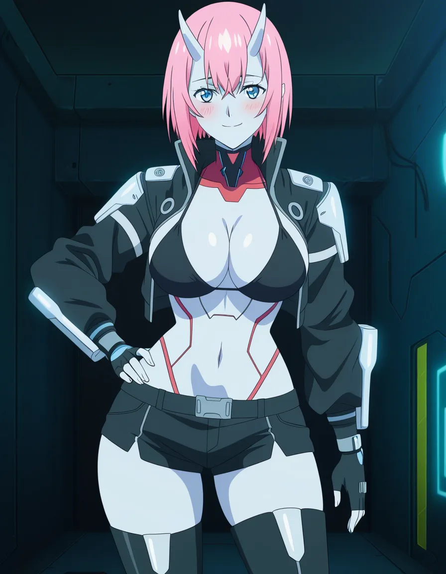 Anime female oni cyborg big breasts wide hips light blue eyes pales skin hot pink hair small pale horns silver exoskeleton opened black jacket black bikini top black booty shorts G. string black thigh high boots black Fingerless gloves in a cyberpunk room at night low lighting soft smile blushing a little sexy pose hand on hip, hentai_studio_quality, (anime style:1.3), 2d, anime screencap, cel shading, flat color, (anime style:1.3), 2d, anime screencap, cel shading, flat color, @00osamio00
