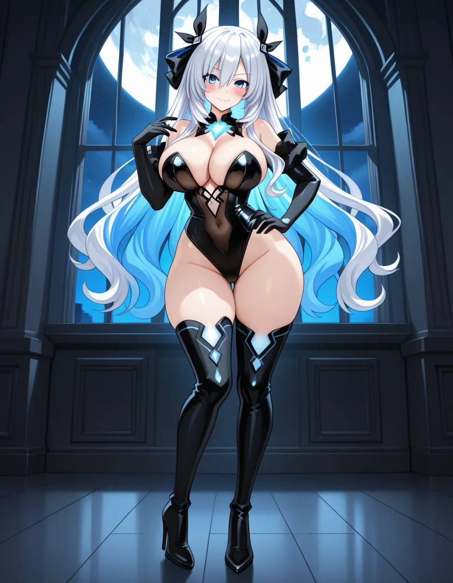 Anime neptunia rei ryghts big breasts wide hips blue eyes light skin long white hair black and white leonard with blue glowing highlights deep Cleavage boob window black and white thigh high boot heels with blue glowing highlights long black and white gloves with blue glowing highlights in a room at night low lighting full moon soft smile blushing a little sexy pose hand on hip, hentai_studio_quality