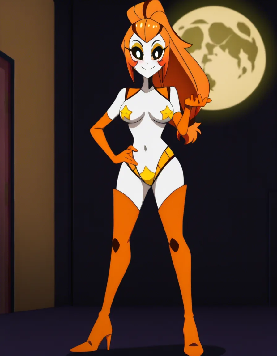 Anime hazbin hotel Goldie the goldfish girl black eyes with white Pupils white skin orange hair with a Black streak long ponytail yellow eye shadow yellow star shaped Pasties yellow sea shell covering her Crotch long orange gloves orange thigh high boot heels in a room at night low lighting full moon soft smile blushing a little sexy pose hand on hip, (anime style:1.3), 2d, anime screencap, cel shading, flat color, (anime style:1.3), 2d, anime screencap, cel shading, flat color, (anime style:1.3), 2d, anime screencap, cel shading, flat color, @00osamio00, score_9, score_8, 3d render, octane render, subsurface scattering, ray tracing, smooth shading