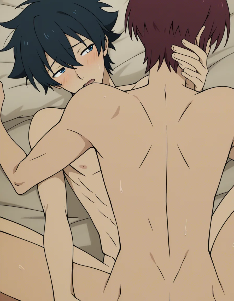 #2boys yaoi, sex (anime style:1.3), 2d, anime screencap, cel shading, flat color, @00osamio00, hentai_studio_quality, hentai_studio_quality