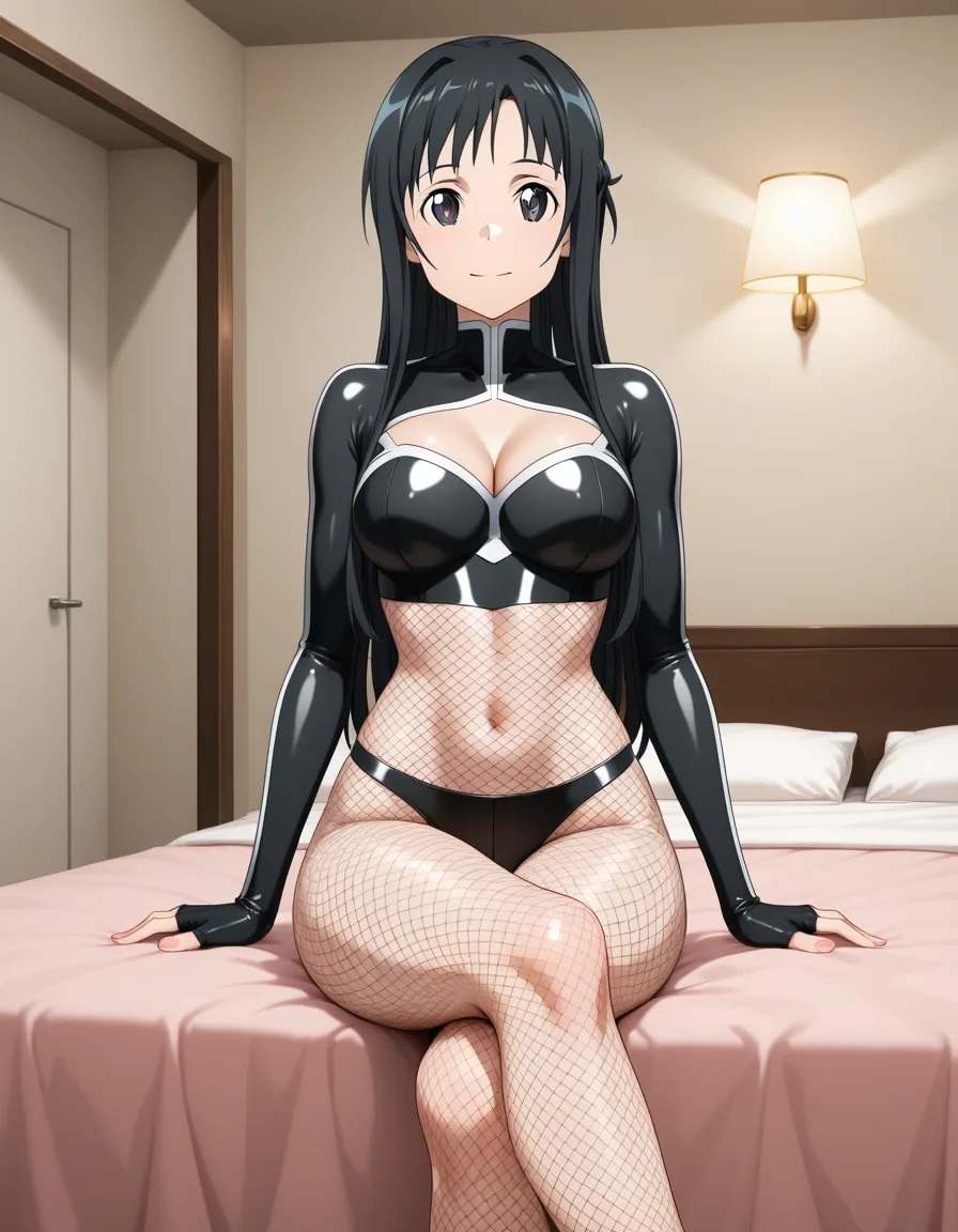 Sword Art Online Yui (grown up,long black hair, black eyes, casual clothes), in fishnets bodysuit in her bedroom, hentai_studio_quality, hentai_studio_quality, hentai_studio_quality, hentai_studio_quality, hentai_studio_quality, hentai_studio_quality