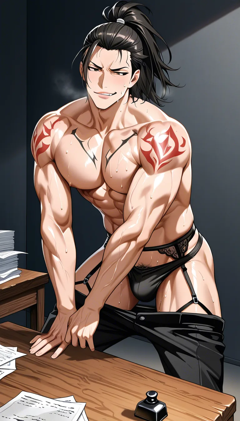 A tall, muscular Japanese man with long black hair tied in a slicked-back ponytail dominates a scene of intense intimacy. His chest and arms are adorned with intricate irezumi tattoos, depicting traditional Japanese motifs in dark ink. He wears only black trousers pulled down to his thighs, revealing toned abdominal muscles. His expression is fiercely commanding yet handsome, with a wicked smirk as he grips the woman's dark brown braid tightly. The woman, bent over a wooden work desk, wears a lifted maid outfit with ruffled black panties pulled down around her thighs, exposing garter belts strapped to her stockings. Her face flushes deeply, lips parted in a mix of pleasure and submission as she arches her back. The man's free hand delivers a rough slap to her reddened backside mid-thrust. The dimly lit room enhances the raw sensuality, with shadows accentuating their entangled forms. The wooden desk creaks under their movements, surrounded by scattered papers and an overturned inkwell. The scene is highly detailed—from the sheen of sweat on their skin to the tension in their muscles—capturing a moment of rough yet consensual passion.