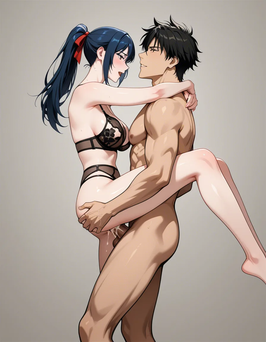 highly detailed, sharp, couple, creampie, legs, hair ribbon, simple background, explicit anime render,Lingerie, cowgirl, sex, Asian, ponytail, hentai_studio_quality