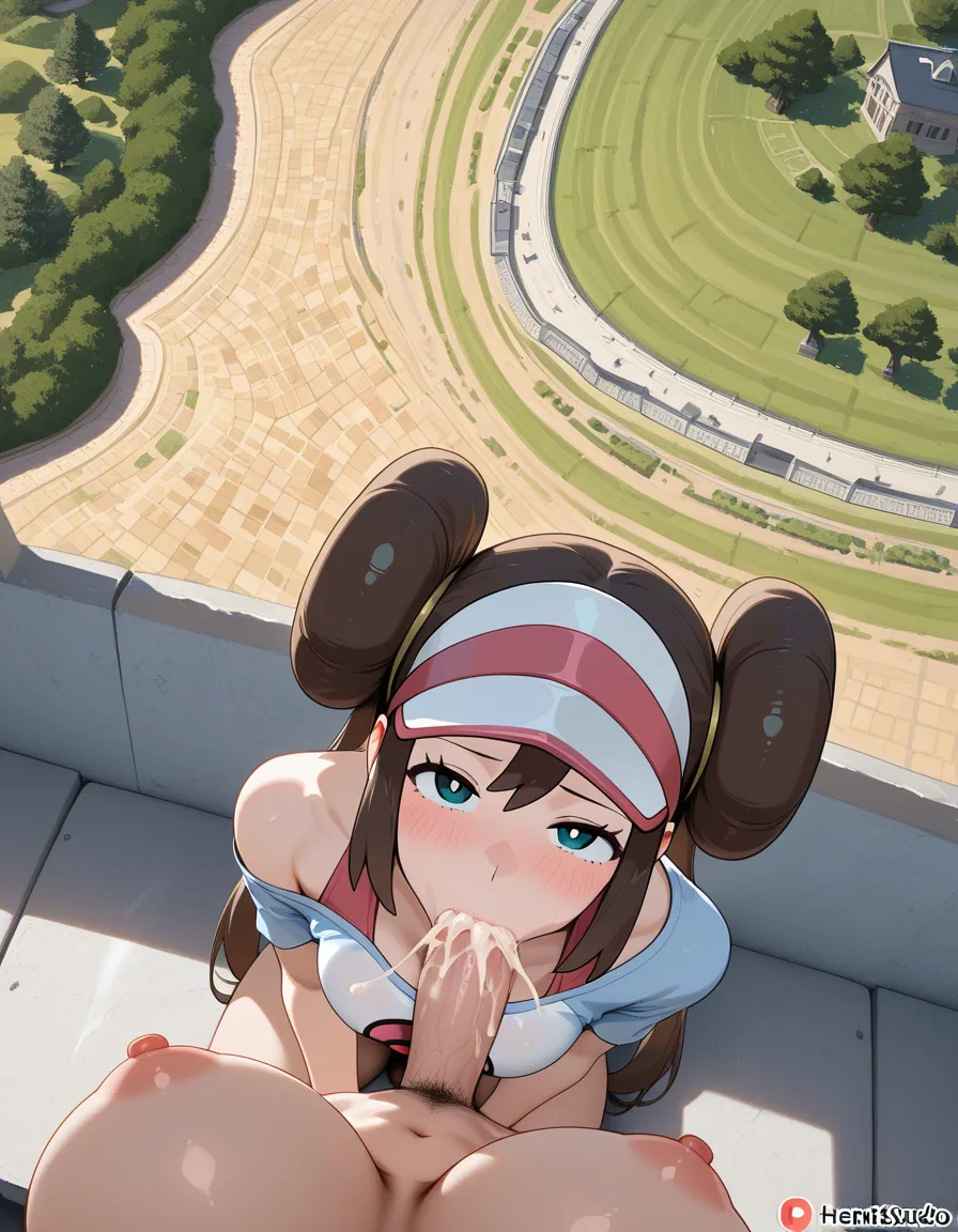 @rosa_(pokemon), detailed shading, masterpiece, futanari, erection, fellatio, ejaculation, cum_in_mouth, tongue_out, from_above, scenic overlook, hentai_studio_quality