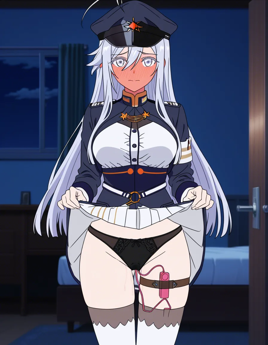best quality,masterpiece,1girl,front view, looking at viewer,cowboy shot, vladilena millize(86 eithy six),silver hair,silver eyes,long hair,military uniform, skirt, military hat, gray clothes,skirt lift, black panties, white thighhighs, thigh strap, object in pussy, vibrator under clothes, vibrator cord, full-face blush, night, bedroom, opening door,, (anime style:1.3), 2d, anime screencap, cel shading, flat color