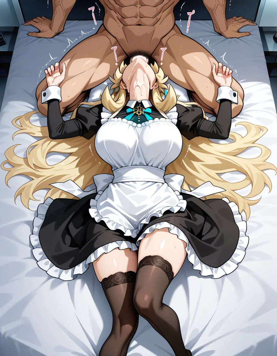 best quality ,master piece,
barghest (fate), 1girl, 1boy, , from above, , blonde hair,maid uniform, maid headdress, white apron, black dress, black_thighhighs ,thighs ,breats,reverse fellatio, ,, bedroom, morning, lying on bed, , after sex, after vaginal, cum in throat, trembling,, hentai_studio_quality