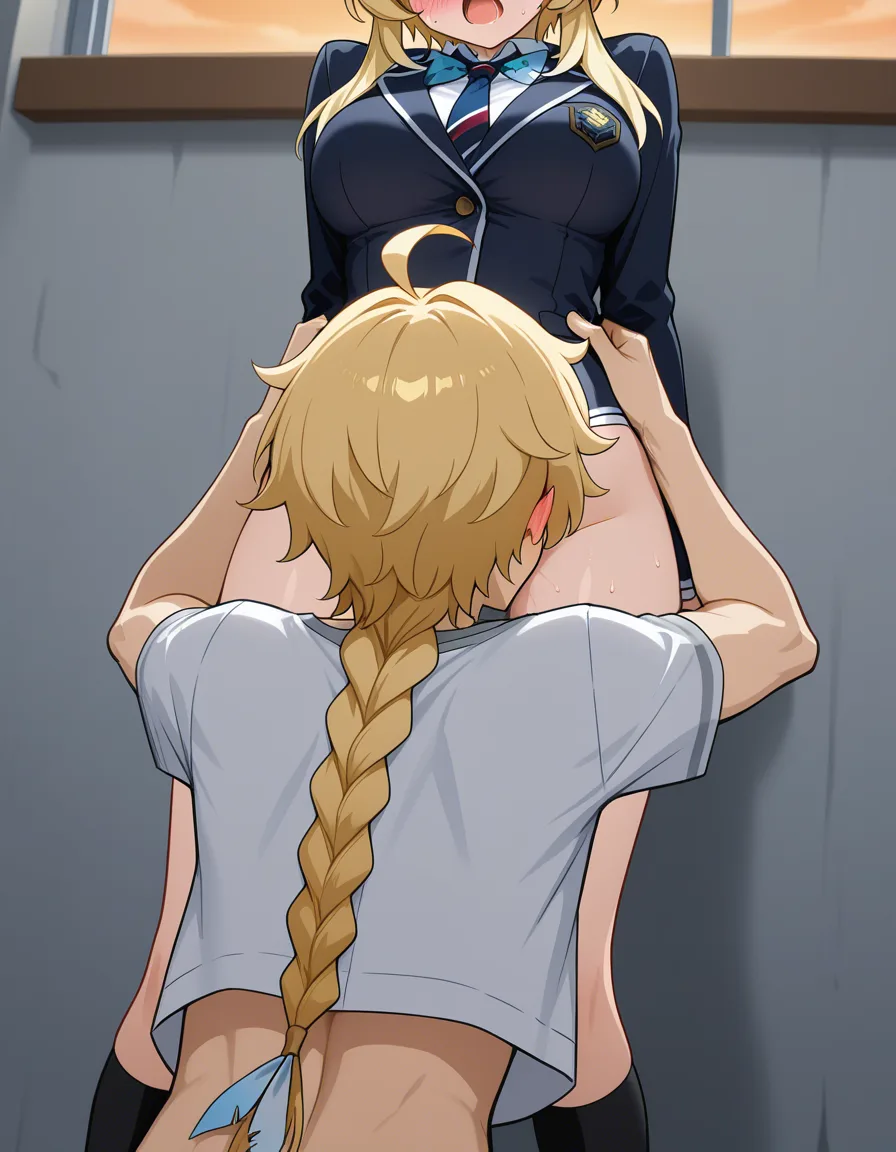 lumine, school_uniform , no_panties , no pants, moaning, blush, groping, cunnilingus , 1boy, 1girl, aether, bent_over, hentai_studio_quality