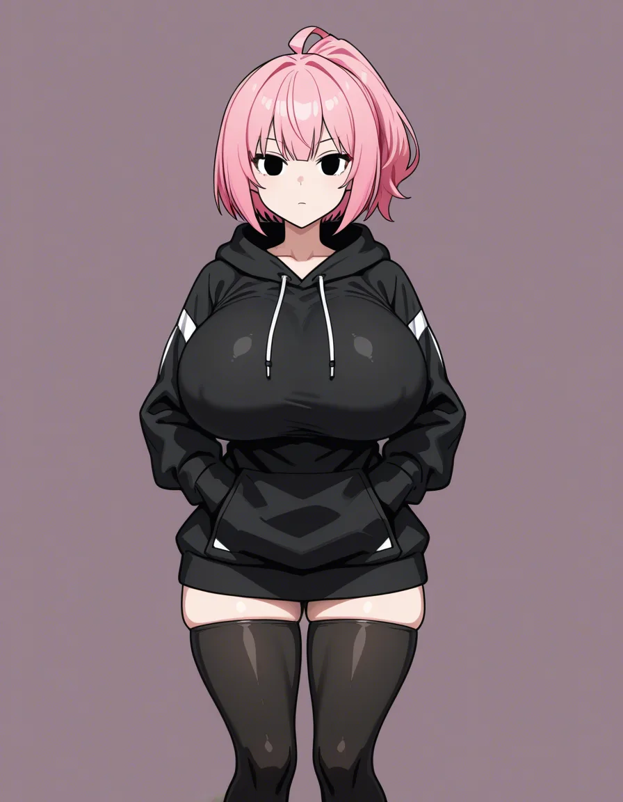 1girl pink_hair short_hair black eyes huge_breasts thighhighs futanari blackhoodie hentai style 8k, hentai_studio_quality, hentai_studio_quality