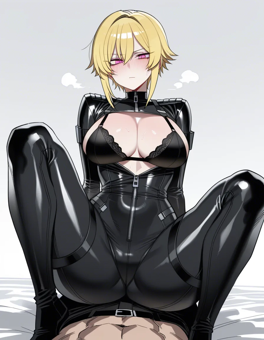 Feminine, male, short blond hair, pink eyes, large thighs, feminine body, black bra, black bodysuit pants, sensual pose.  white background.



[ratatatat74] Bad Ending Party, hentai_studio_quality, hentai_studio_quality, hentai_studio_quality