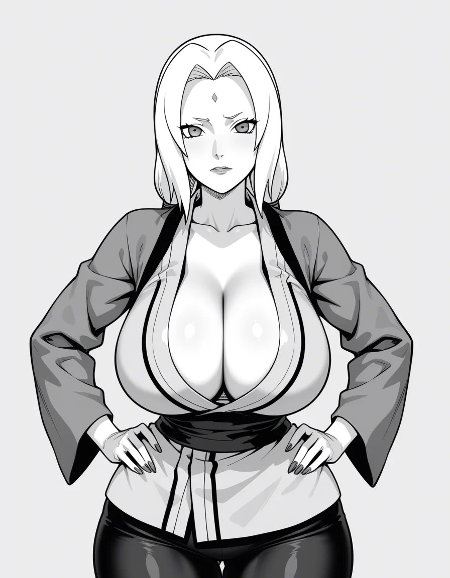 Mature female, MILF, Tsunade from Naruto, large breasts, thick thighs, hands on her hips, tired face, white background. 

ultra-detailed, sharp focus, 8k, absurdres, very detailed, high resolution, illustration, anime-influenced., hentai_studio_quality, hentai_studio_quality, hentai_studio_quality, hentai_studio_quality, hentai_studio_quality