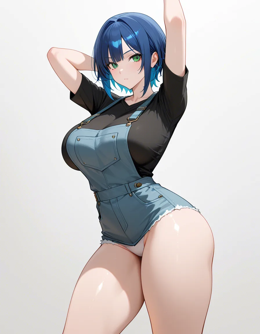 Blue hair, green eyes, large, wide breasts, thick thighs, short black shirt, white panties, sensual standing pose, white background. 

ultra-detailed, sharp focus, 8k, absurdres, very detailed, high resolution, illustration, Overall ultra-quality., hentai_studio_quality, hentai_studio_quality