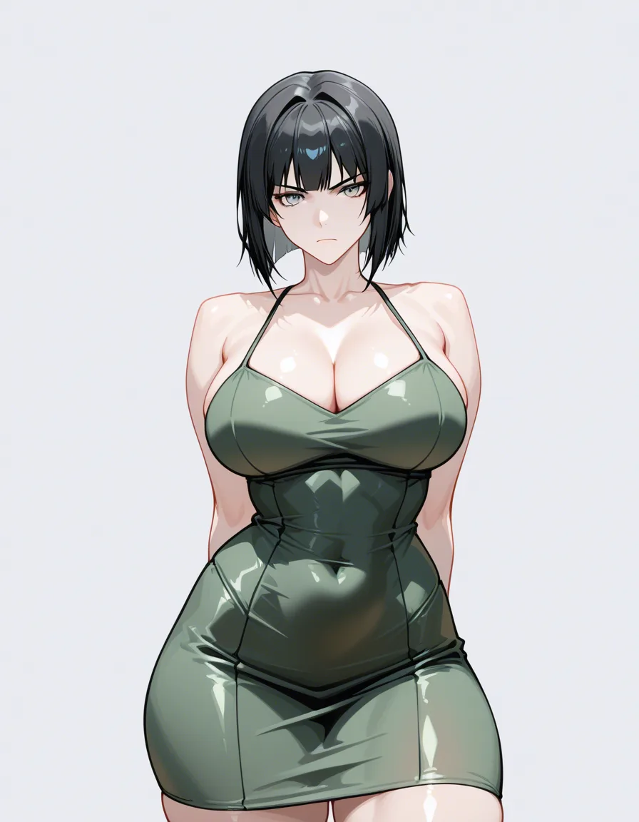 1girl, Short black hair, gray eyes, large, round breasts, thick thighs, tight green dress, arms_behind_back, serious expression, white background. 


(FluxAI), hentai_studio_quality, hentai_studio_quality, hentai_studio_quality